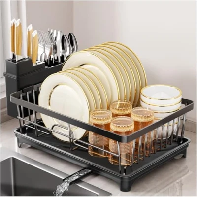 Image of SavvyStor Dish Drainer Rack, Space Saving for Kitchen Counter with Utensil Holder, Rack Drain Board, Portable Mini Bluetooth Speaker Home, Black