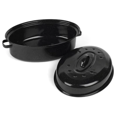 Image of Salter BW12811EU7 Self Basting Roaster 38cm Vitreous Enamel Coated Steel Roasting Tin With Lid, Oval Dish, PFAS Free, Dishwasher Safe, Oven Safe to 230C, Easy Clean, Roast Meat/Vegetables, Black