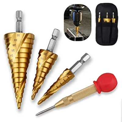 Image of Sukudon 4pc Spiral Grooved Step Drill Bit Set High Speed Steel Titanium Coated Hole Cutter Power Tools for Wood Metal Stainless with Center Punch