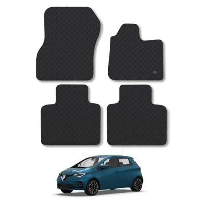 Image of Rubber Car Mats Compatible with Renault Zoe (2012 2021) Tailored Fit Floor Set Accessory Black Custom 4 Pieces Clips Anti Slip Backing, Heavy Duty &amp; Waterproof