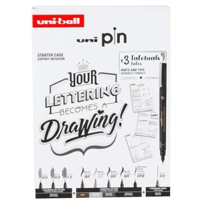 Image of uni ball PIN Black Ink Felt Tip Pen Fineliners. Lettering Starter Set. Includes 3 Fineliners, 5 Brush Tips, 1 Mechanical Pencil. Water and Fade Resistant for Manga, Calligraphy, Technical Drawing