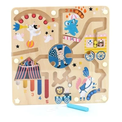 Image of Vilac Wooden Magnetic Maze Puzzle, Marbles Protected Under Plexiglass, Has 1 Stylus, Matching and Logic Montessori Game, Fine Motor Skills, 2 Yrs+, 22.5 x cm, Circus By Michelle Carlslund