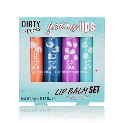 Image of Dirty Works Feed My Lips, Lip Balm Set, 4 x 4g Salve Tubes Gift Various Flavours, g (Pack of 4)