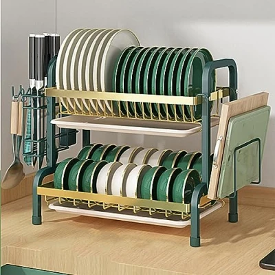 Image of 2 Tier Dish Drainer/Dish Drying Rack with Drip Tray, Sink Draining Board Utensil Cutting &amp; Holder for Kitchen Counter(golden green)