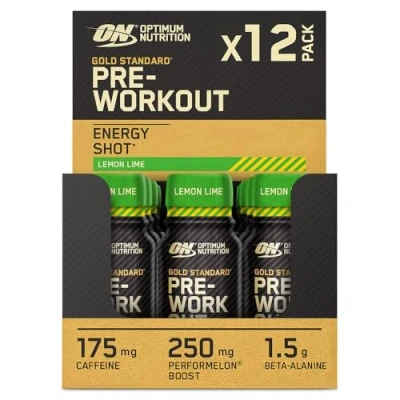 Image of Optimum Nutrition Gold Standard Pre Workout Energy Shot, Ready to Drink Food Supplement with Beta Alanine, Caffeine, PerforMelon Boost and Vitamin B6 B12, Lemon Lime Flavour, 12 Pack, x 60 ml