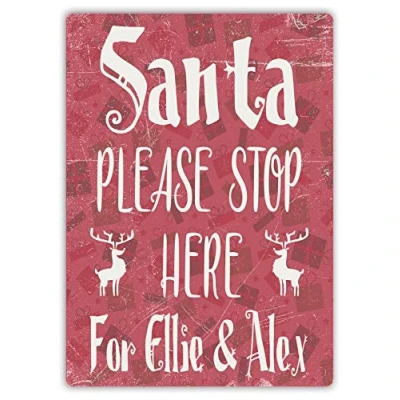 Image of TOASTED MERCH Personalised Santa Please Stop Here (Red) Sticky Pads Metal Wall Sign Plaque