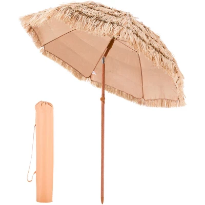 Image of VEVOR Tiki Umbrella, 6.5 ft Thatched Patio Umbrella with Tilt, Hawaiian Style Beach Parasol Durable PP Thatch and 8 Metal Ribs, Grass Pool Umbrellas for Beach, Patio, Poolside, Backyard &amp; Garden