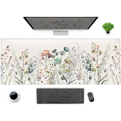 Image of Cute Wild Flower Desk Mat, Boho Aesthetic XL Large Extended Gaming Mouse Pad with Stitched Edges, Computer Laptop Mousepad Keyboard and Mat for Women Office Decor, Beige, 31.5x11.8x0.12 In