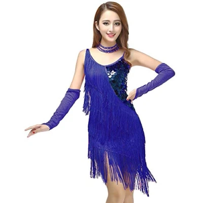 Image of Grouptap Latin fringe blue tassel sequin dance skirt sling competition dress wear for women salsa tango samba cha rumba (Blue, UK 8 14 Elastic Fit)