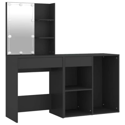 Image of vidaXL Black Dressing Table and Cabinet Set with LED Lights Engineered Wood Material for Bedroom or Cloakroom Furniture