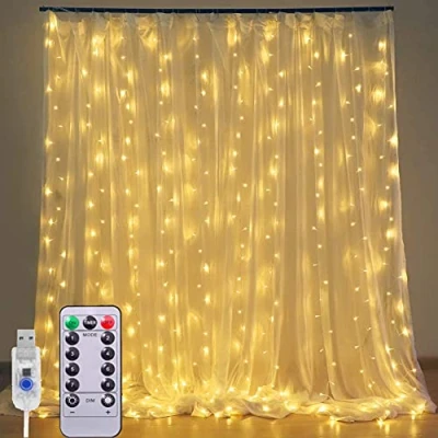 Image of led Curtain Light, 3mX3m Fairy String Lights 300 Window Light Strings with 8 Modes USB Plug, Outdoor/Indoor Copper Remote for Home Bedroom Patio Wedding, Gazebo,Party (Warm)