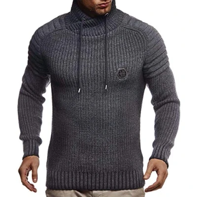Image of Leif Nelson Men’s Knitted Pullover Long sleeved slim fit Knitwear Biker Style sweatshirt with shawl collar for Men, Anthracite black, Large