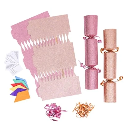 Image of evelay 12 Make Your Own Christmas Cracker Kit DIY Rose Gold &amp; Pink Glitter Crackers Hats Snaps Jokes (Rose Gold, Pink)