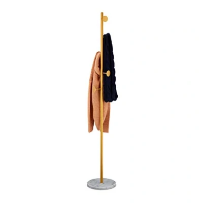 Image of Relaxdays Marble Coat Stand, Standing 5 Hooks, Rack, H 172 x D 29 cm, White/Gold