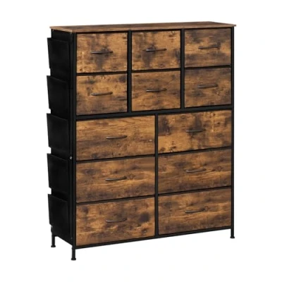 Image of WOLTU SSK012vbn Chest of Drawers with 12 Fabric Drawers, 5 Side Pockets, Sideboard, Living Room, Bedroom, Hallway, Rustic Brown + Black
