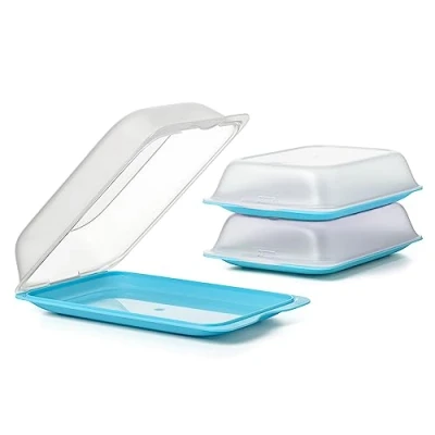 Image of TATAY Set of 3 Cold Meat Containers with Lid MAXI, BPA Free, Reusable, Stackable, Dishwasher and Microwave Safe, Turquoise Colour. Sizes 17 x 6,2 25,2 cm