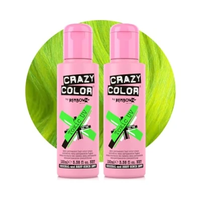 Image of Crazy Color Vibrant Toxic UV Semi Permanent Duo Hair Dye. Highly Pigmented Neon Green Conditioning &amp; Oil Nourishing Vegan Formula No Bleach or Ammonia 200ml