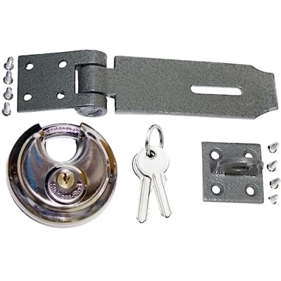 Image of Heavy Duty Security Set Hasp and Staple 70mm Disc Round Padlock 2 Keys
