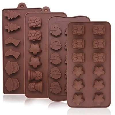 Image of 4 Pack Chocolate Candy Molds Trays,YuCool Silicone Baking Jelly with Shapes of Star,Gift Box,Christmas Tree,Santa Head,Candy Cane,Bell Types