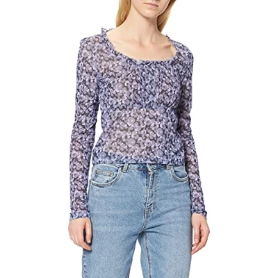 Image of NA KD Women&#039;s Frill Detail Mesh Top Shirt, Purple Flower, 2X Small