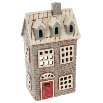 Image of Shudehill Giftware Village Pottery Ceramic Tealight Holder Brick Houses Grey Neutral Collection Tiled Chateau, Lilac, or Dormer House (Brick Dormer)