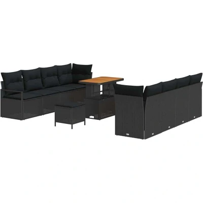 Image of vidaXL 11 Piece Garden Sofa Set with Cushions Black Poly Rattan Acacia