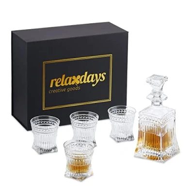 Image of Relaxdays Whisky Decanter Set, 5 Piece, Whiskey Carafe 500 ml, 4 Glasses 240 Cognac, Gift Box, Transparent