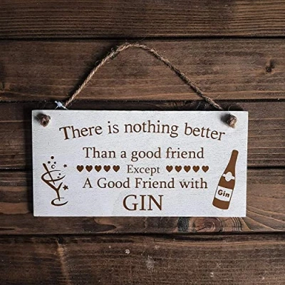 Image of Marco Paul Novelty Rectangular Wall Mounted Friendship Gin Plaque Wooden Door Hanging Friends Sentimental Message Board Decorative Christmas Ornaments Gift for Bedroom, Living Room Decor