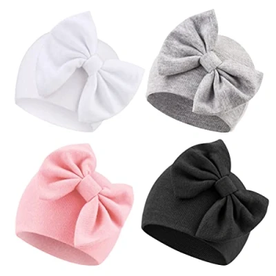 Image of DRESHOW Newborn Baby Hats Hospital Hat Nursery Beanie Infant Bow for 0 6 Months