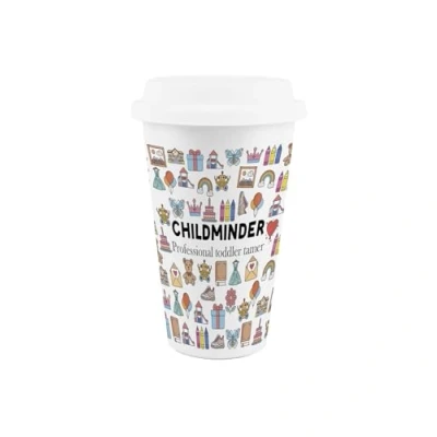 Image of Purely Home Childminder Ceramic Travel Mug Humorous Nanny Babysitter Novelty Gifts/Presents Reusable Silicone Lid Double Walled Insulated Hot/Cold Drinks Flask Cup