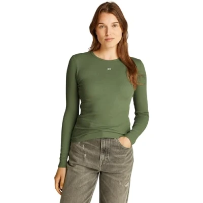 Image of Tommy Jeans Women&#039;s Long Sleeve Essential Slim Fit Cotton Top, Green (Aruba Green), L