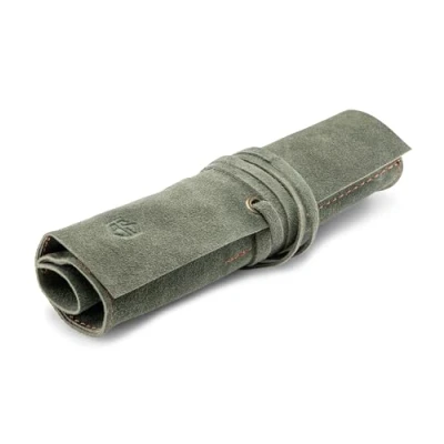 Image of Angus Stoke Leather roll Bag for Pens, Brushes and Accessories Pencil Case Handmade Leonardo, Olive Green, Pen folder