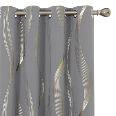 Image of Deconovo Blackout Eyelet Curtains Thermal Insulated Gold Wave Line Foil Printed for Bedroom 46x72 Inch Light Grey 2 Panels