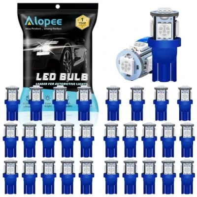 Image of Alopee 30 Pack W5w 501 Blue LED Bulbs, 12V T10 5 SMD 5050 Chips Replacement For 168 2825 Map Dome Courtesy License Plate Dashboard Side Marker Light