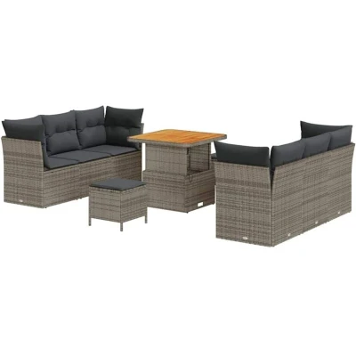 Image of vidaXL 9 Piece Garden Sofa Set with Cushions Grey Poly Rattan Acacia