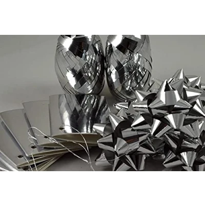 Image of Shiny Silver metallic bow, ribbon and tag Christmas or Birthday gift wrap set