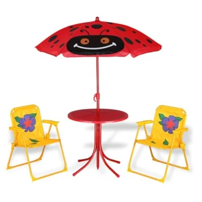 Image of Spielwerk® Children&#039;s Outdoor Seating Set Kids Garden Furniture 2x Floral Folding Chairs Round Table UV40 Umbrella with Ladybug Design Red &amp; Yellow