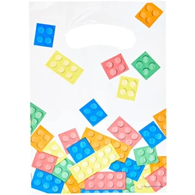 Image of Creative Converting PC315256 Plastic Lootbag Building Blocks Party Treat Bags 8 Pcs, Multicolor, 9&quot; x 6.5&quot;