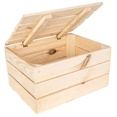 Image of Creative Deco Large Wooden Storage Box 40 x 30 22 cm with Hinged Lid Beige Colour Vintage Wood Gift for Keepsake Chest