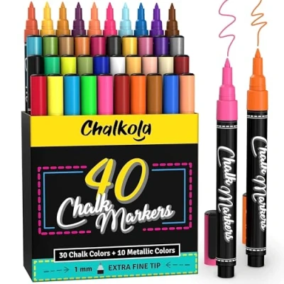 Image of Chalkola Chalk Pens Pack of 40 (Neon, Classic &amp; Metallic) For Chalkboard, Blackboard, Window, Labels, Bistro, Glass Wet Wipe Erasable 1mm Extra Fine Tip