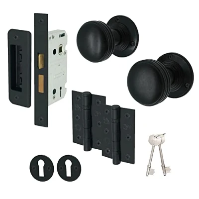 Image of EAI Lined Key Lock Door Knob Set Matt Black 1 Pair of Mortice Knobs (55mm), Sash (80mm) &amp; Hinges (76mm) for Internal Doors