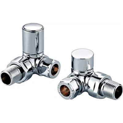 Image of Round Corner Angled Chrome Valve Set Heated Towel Rail/Radiator Block Valves (Twin Pack) with Metal Handles and Quality Finish
