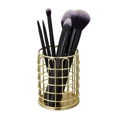 Image of Relaxdays Round Pen Holder, Modern Decorative Design, Makeup Brush Organiser, Wired, Pencil Cup Desk, HxØ: 10x8cm, Gold