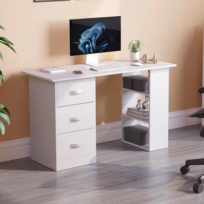Image of Vida Designs Mason Computer Desk with Shelves and 3 Drawers, Home Office PC/Laptop Gaming Table, Study Workstation, Furniture White