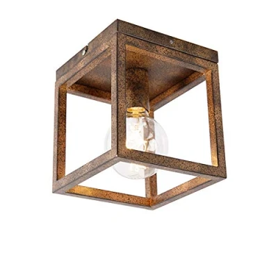 Image of Qazqa Industrial Ceiling Lamp I Flush Light Rust Brown Cage Suitable for LED E27 1 Steel Living Room Kitchen Bedroom
