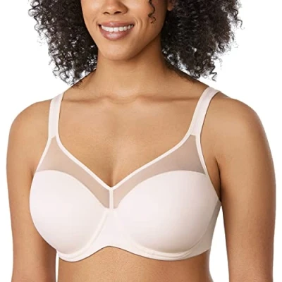 Image of Delimira Women&#039;s Full Coverage Lightly Padded Bra Underwire Mesh Support Comfort T Shirt Rose White 36D
