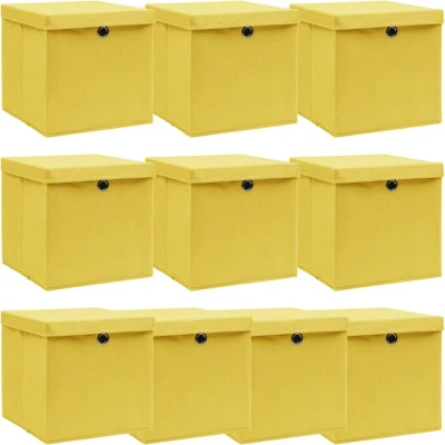 Image of vidaXL Fabric Storage Boxes with Lids Set of 10, Yellow, Non Woven Material, Durable, Foldable, Easy Pull Out