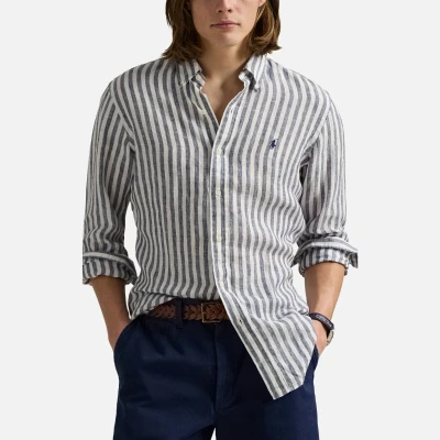 Image of Polo Ralph Lauren Custom FIT Striped Linen Shirt Shirt, Men&#039;s, Size: XL, Navy/white