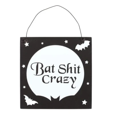 Image of Quirky 10cm Bat Shit Crazy Hanging Sign Humorous Home Decor, Funny Wall Plaque, British Humour Art Unique Novelty Gift