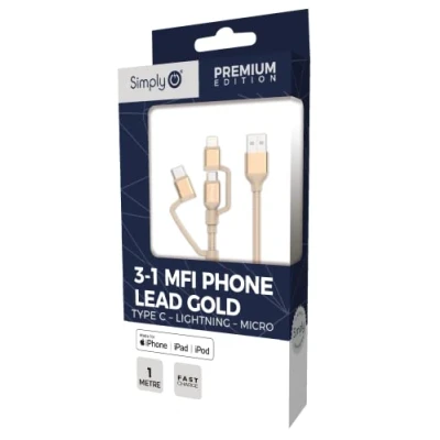 Image of Simply APL07 3 in 1 MFI Phone Lead, Type C Lightning Micro USB m Fast Charging Cable for Apple Android and OtherDevices, Gold